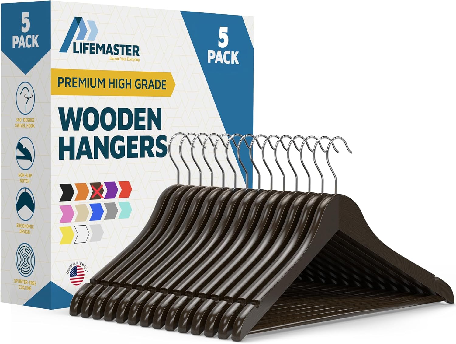 Lifemaster Wooden Clothes Hangers – With 360 Degree Swivel Hook and Non-Slip Shoulder Notch, Holds Up To 10 lbs, Pants Bar Design, For Organizing Suit, Dress, Coat, and Clothes, Pack of 5, Brown